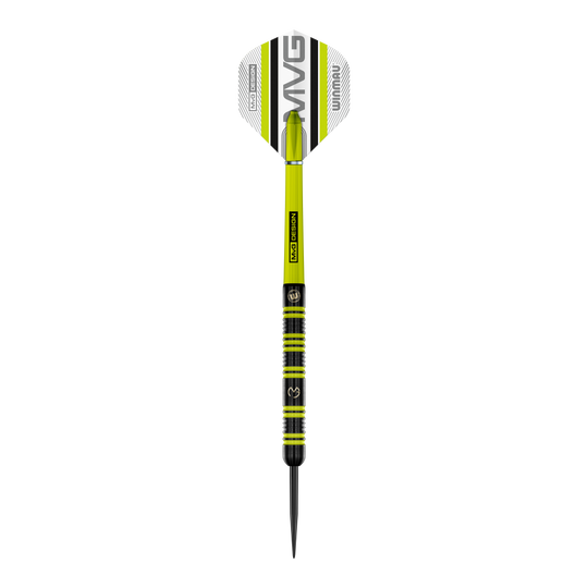 Freccette in acciaio Winmau Michael Van Gerwen 85 Pro-Series Auf dem Bild ist ein Winmau Michael Van Gerwen 85 Pro-Series Steeldart zu sehen. Der Dart hat ein modernes Design mit grünen und schwarzen Akzenten sowie der Aufschrift „MVG DESIGN“ auf dem Schaft.