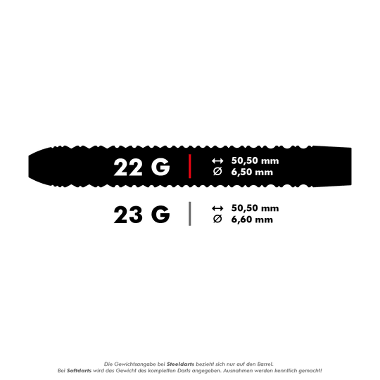 Freccette in acciaio Target EXO SP01 Swiss Point Das Bild zeigt die technischen Daten von Steeldarts mit 22 und 23 Gramm Gewicht. Die Länge beträgt bei beiden 50,50 mm, der Durchmesser ist 6,50 mm (22 g) bzw. 6,60 mm (23 g).