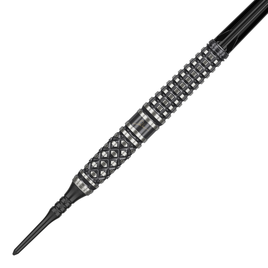 Target Japan Paul Lim The Legend GEN8 Freccette morbide - 19 g Das Bild zeigt einen "Target Japan Paul Lim The Legend GEN8 Softdart" mit 19g Gewicht. Der Dart hat ein markantes, schwarzes Design mit silbernen Rillen und einem strukturierten Griff.