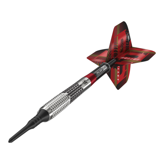 Freccette morbide Target Stephen Bunting GEN5 - 18 g Das Bild zeigt einen Target Stephen Bunting GEN5 Softdart mit einem Gewicht von 18g. Der Dartpfeil hat ein silbernes Griffstück mit roten und schwarzen Akzenten sowie einer auffälligen roten Flights.