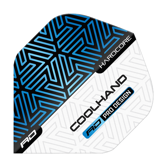 Voli standard premium blu bianco Red Dragon Hardcore Luke Humphries Das Bild zeigt ein Dartflight in Blau, Schwarz und Weiß mit geometrischem Muster. Auf dem Flight stehen die Wörter „HARDCORE“, „COOLHAND“ und „RD PRO DESIGN“.
