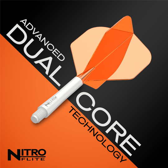 Red Dragon Nitroflite Asta bianca Alette arancioni n. 2 Gezeigt wird das Produkt Red Dragon Nitroflite White Shaft Orange Flights No2. Es handelt sich um einen weißen Dart-Schaft mit orangefarbenen Flights.