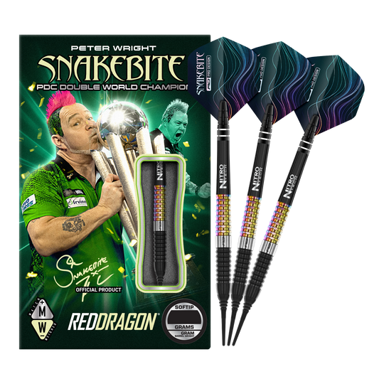 Freccette morbide Red Dragon Peter Wright Corra - 18 g Das Bild zeigt das Produkt "Red Dragon Peter Wright Corra Softdarts - 18g" mit einer farbenfrohen Verpackung. Drei Softdarts mit buntem Griff und schwarzen Spitzen sind daneben abgebildet.