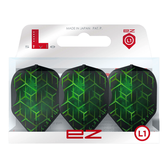 Alette L-Style Lukas Wenig V1 nere L1EZ Zwei L-Style Lukas Wenig V1 Black L1EZ Flights liegen nebeneinander auf weißem Hintergrund. Die Flächen- und Kantengeometrie wird dargestellt.