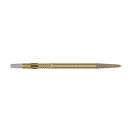Punte per freccette Target Swiss Point DX - oro Das Bild zeigt eine goldene Dartspitze mit feinen Rillen und detailliertem Muster. Sie hat am Ende eine silberne Metallspitze.