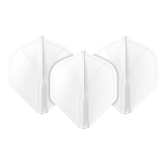Alette standard n. 2 stampate con profilo alare Shot Das Bild zeigt drei weiße Dart-Flights in einer Reihe. Sie haben eine geformte, stabile Struktur und sind identisch.