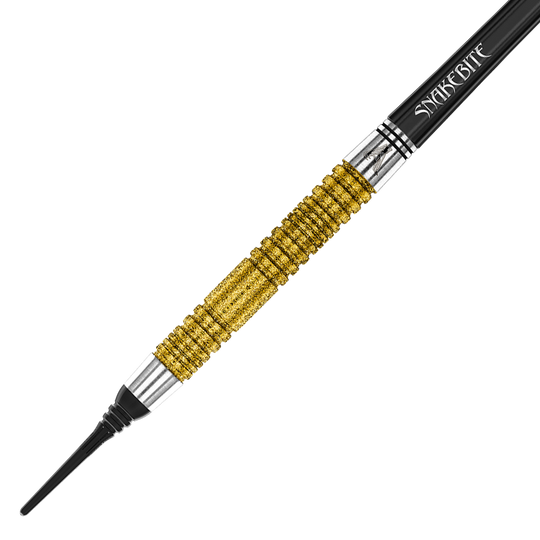 Red Dragon Peter Wright Doppio Campione del Mondo SE Gold Plus Softdarts - 20g Das Bild zeigt einen goldfarbenen Softdartpfeil mit schwarzer Spitze und dem Schriftzug "Snakebite" auf dem Schaft. Es handelt sich um das Modell "Red Dragon Peter Wright Double World Champion SE Gold Plus Softdarts - 20g".