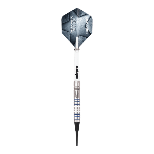 Freccette morbide Unicorn Silver Star Var.3 Gary Anderson Hier sind die Unicorn Silver Star Var.3 Gary Anderson Softdarts zu sehen. Die silbernen Dartpfeile sind detailliert abgebildet.