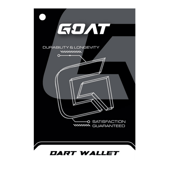 Portafoglio per freccette GOAT Locker XXL Das Bild zeigt die Verpackung des Produkts "GOAT Locker S Dartwallet". Es hebt die Eigenschaften Langlebigkeit und Zufriedenheit hervor.