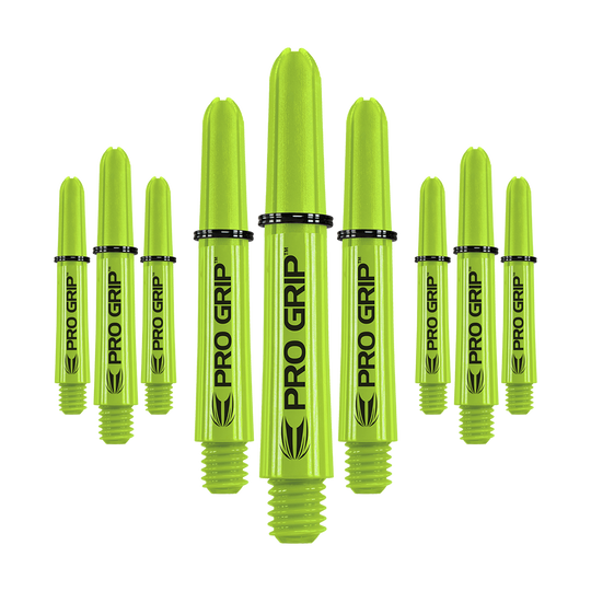 Target Pro Grip Shafts - 3 set - Verde lime Auf dem Bild sind mehrere limegrüne Pro Grip Dartschäfte zu sehen. Sie sind in drei Sets angeordnet und tragen die Aufschrift "PRO GRIP".