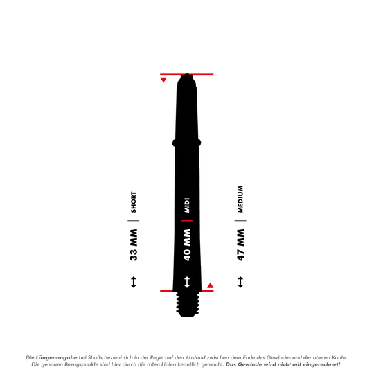 HR327_Harrows_Supergrip_Fusion_Shafts_5_40mmFPHH9boAzo0Ey Das Bild zeigt die Harrows Supergrip Fusion Shafts in Blau mit drei verschiedenen Längenoptionen. Die Längen werden als Short (33 mm), Midi (40 mm) und Medium (47 mm) angegeben, gemessen ohne das Gewinde.