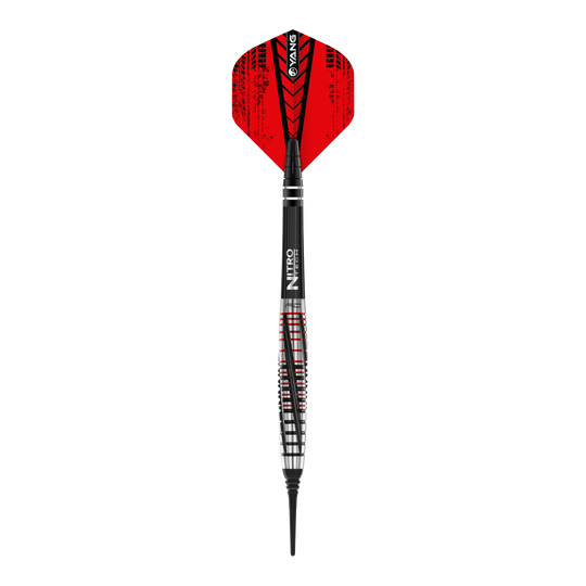 Freccette morbide Red Dragon Rifle - 20 g Das Bild zeigt einen Red Dragon Rifle Softdart mit einem Gewicht von 20 Gramm. Der Dartpfeil hat rote Flights und ein schwarz-silbernes Barrel mit roten Akzenten.