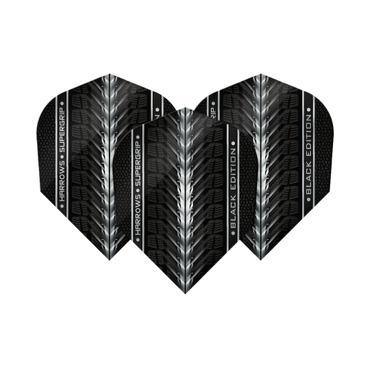 Alette Harrows Supergrip Black Edition n. 6 Das Bild zeigt die "Harrows Supergrip Black-Edition No6 Flights" in einem schwarzen Design mit silbernen Akzenten. Die Flights haben eine strukturierte Oberfläche und den Schriftzug "Harrows Supergrip Black Edition".