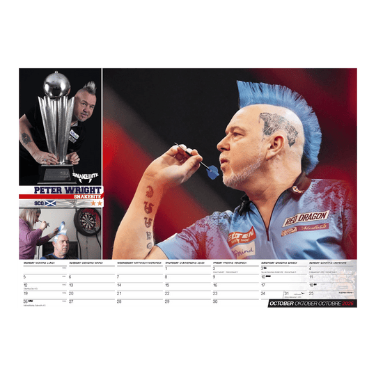Calendario freccette 2026 Darts Kalender 2026 wird gezeigt. Es ist ein Kalender mit einem Darts-Motiv für das Jahr 2026.