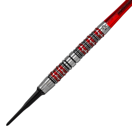 Freccette morbide Damon Heta Series 3 di Harrow Dies ist ein Harrows Damon Heta Series 3 Softdart. Der Dartpfeil hat ein silbernes Griffstück mit roten Akzenten und einer schwarzen Spitze.