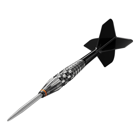 Target Japan Black Marque Dancing Duck GEN 4 freccette in acciaio Das Bild zeigt einen Steeldartpfeil mit schwarzer Spitze und schwarzen Flights, genannt "Target Japan Black Marque Dancing Duck GEN 4 Steeldarts". Der Dartpfeil hat ein silbernes, glänzendes Griffstück mit feinen Rillen und Gravuren.
