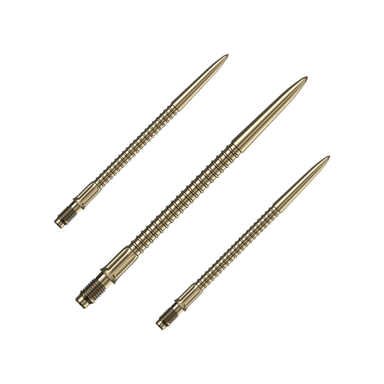 Das Bild zeigt ein Set goldener Dartspitzen Mission R25 Rapid Point mit einer Länge von 40mm. Die Spitzen liegen nebeneinander auf einer hellen Fläche.