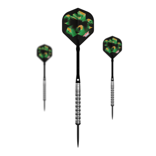 Bulls NL Chaos Freccette in acciaio verde - 24 g Abgebildet ist das komplette Set der Bulls NL Chaos Green Steeldarts - 24g. Das Set enthält mehrere grüne Steeldarts.