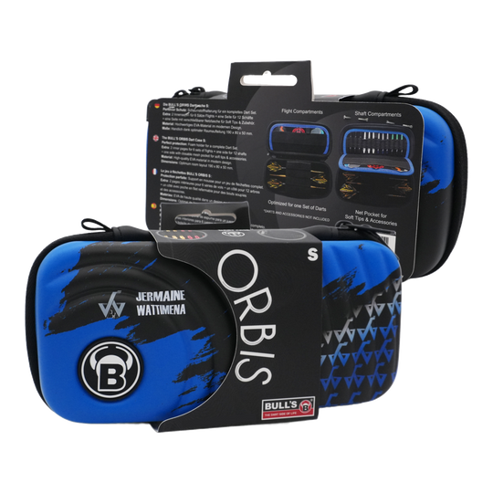 Custodia per freccette Bulls Orbis S Jermaine Wattimena Das Bild zeigt das Produkt "Bulls Orbis S Jermaine Wattimena Dartcase" in blauer und schwarzer Farbe. Die Darttasche ist kompakt und eignet sich zum sicheren Aufbewahren von Dartzubehör.