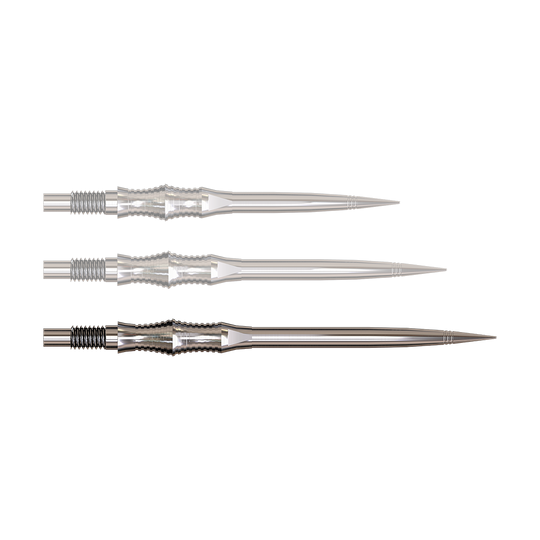 Dartspitzen der Apex Spire Silver Elite Serie in 40mm werden gezeigt. Sie sind silbrig und glänzend.