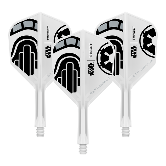Voli Target Star Wars K-Flex Stormtrooper No6 Ein Set von Dart-Flights der Star Wars KFlex Stormtrooper No6 Serie ist dargestellt. Die Flights sind kurz und 19 mm lang.