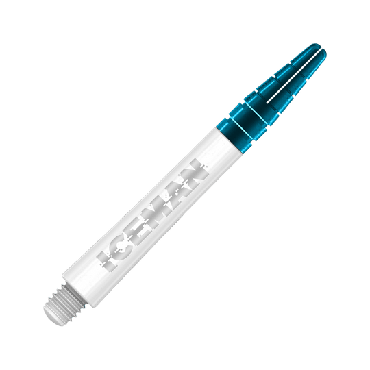 Das Bild zeigt einen weißen Dart-Schaft mit dem Schriftzug "ICEMAN" darauf. Das obere Ende des Schafts ist blau-transparent.