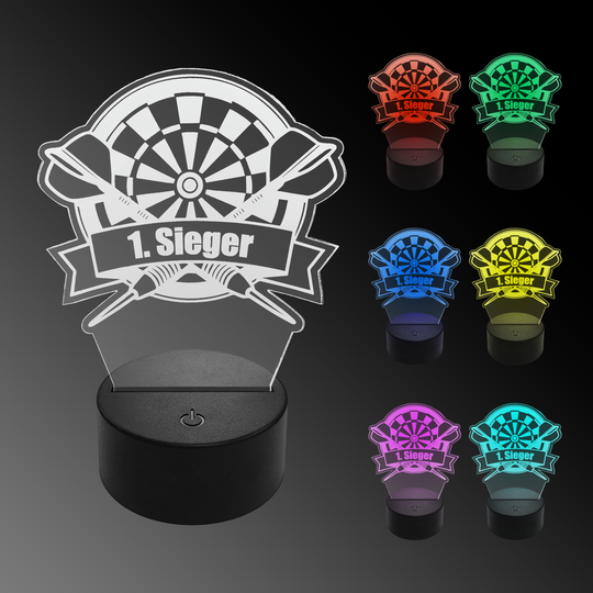 Lampada a freccia a LED in plexiglass con testo personalizzato Das Bild zeigt eine LED-Lampe in Form eines Dartboards mit der Aufschrift „1. Sieger“. Rechts sind sechs weitere Lampen in verschiedenen Farben zu sehen.