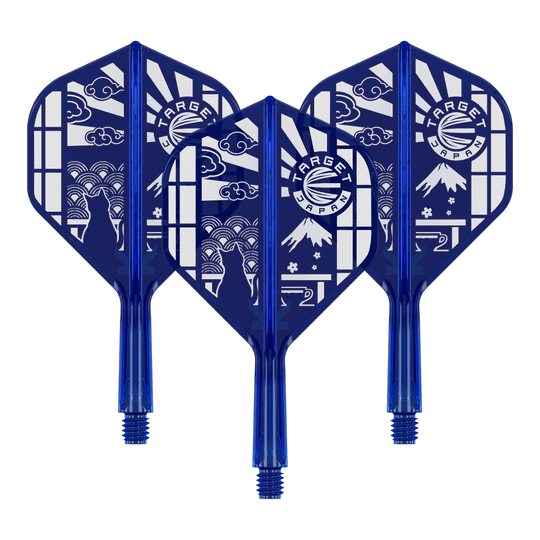 Das Bild zeigt '410291 Target Japan K-Flex Blue Limited No2 Flights 19mm 1Set'. Es handelt sich um ein Set limitierter Flights für Darts in Blau.