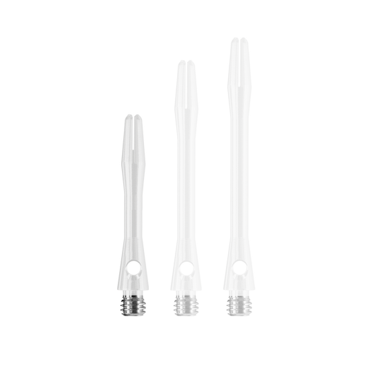 Das Bild zeigt drei weiße Harrows Keramic Shafts in unterschiedlichen Längen. Sie haben jeweils ein silbernes Gewinde am unteren Ende.