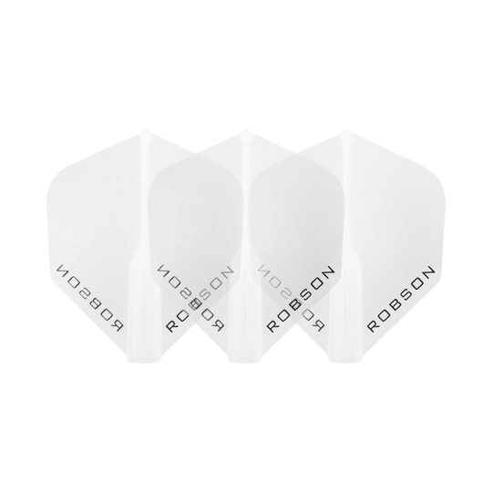 Voli Robson Plus - Standard Das Bild zeigt drei klare Dart-Flights der Marke Robson. Die Flights sind nebeneinander angeordnet und tragen den Schriftzug "ROBSON".
