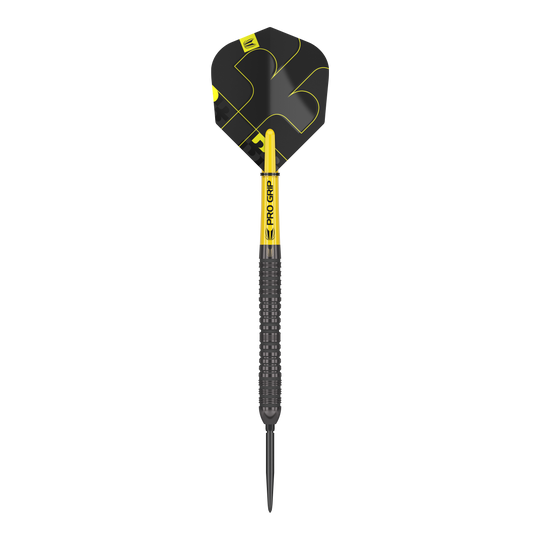 Freccette in acciaio Target Bolide Void 04 Swiss Point Auf dem Bild ist ein Target Bolide Void 04 Swiss Point Steeldart zu sehen. Der Dart ist schwarz mit gelben Akzenten gestaltet und hat eine gezackte Griffstruktur.