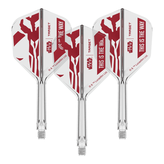 Set Target Star Wars K-Flex Mandalorian No6 Flights Abgebildet ist das Produkt 410624_Target_StarWars_K-Flex_ThisIsTheWay_No6_Flights_26mm_2b. Das Motiv orientiert sich vermutlich an 'This Is The Way' aus Star Wars.