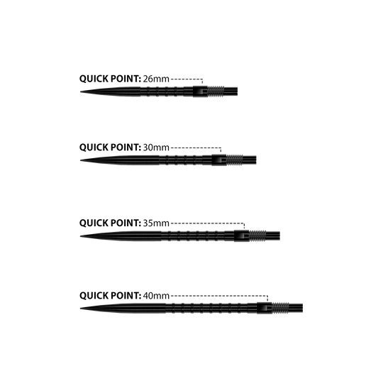 Punte per freccette Harrows Quick Point Heavy Metal - Nere Das Bild zeigt Harrows Quick Point Heavy Metal Dartspitzen in Schwarz. Sie sind robust und für präzise Würfe geeignet.