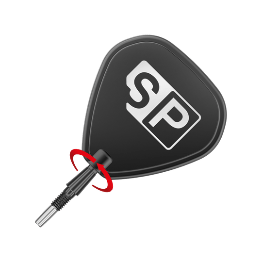 Punte per freccette in acciaio Target Swiss Point Storm Surge - Nere Das Bild zeigt eine schwarze Steeldartspitze mit dem weißen Aufdruck "SP". Eine rote Pfeilmarkierung deutet darauf hin, dass die Spitze gedreht oder geschraubt werden kann.