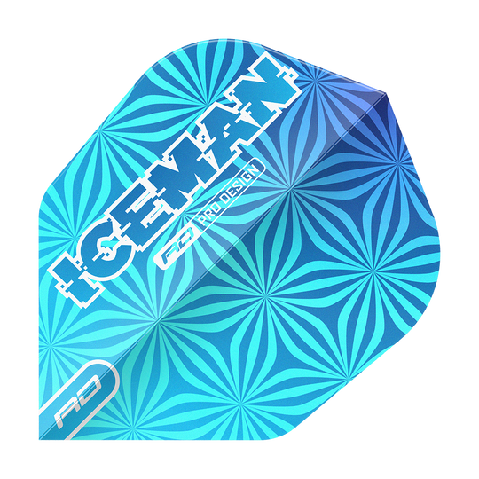 Voli Red Dragon Gerwyn Price Iceman Blue No6 Das Bild zeigt einen blauen Dart-Flight mit einem auffälligen geometrischen Muster. Auf dem Flight steht in weißen Buchstaben das Wort „ICEMAN“ sowie „RD PRO DESIGN“.