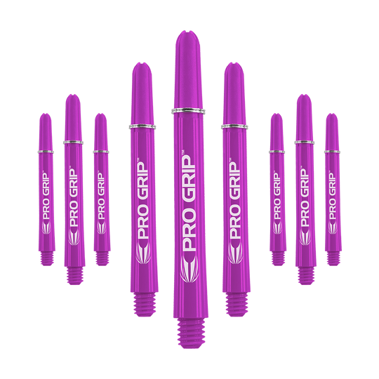 Target Pro Grip Shafts - 3 set - Viola Das Bild zeigt neun lila Dartschäfte der Marke "Pro Grip". Sie sind in drei Gruppen angeordnet, jeweils drei in der Mitte, links und rechts.