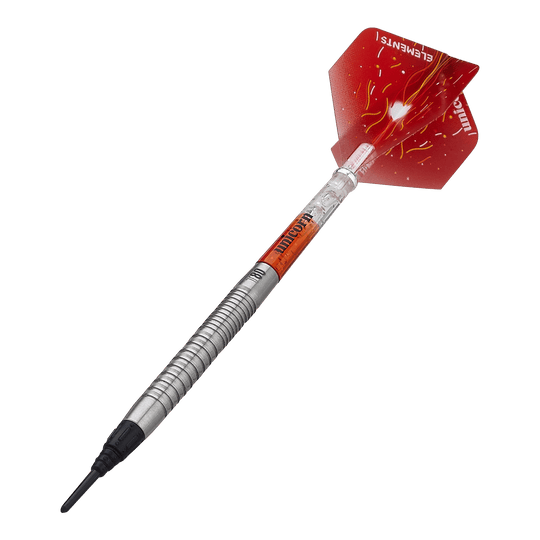 Freccette morbide Unicorn Core XL Striker Style 1 - 19 g Das Bild zeigt einen Unicorn Core XL Striker Style 1 Softdart mit 19g Gewicht. Der Dart hat eine silberne, geriffelte Spitze und rote Flights mit einem auffälligen Design.