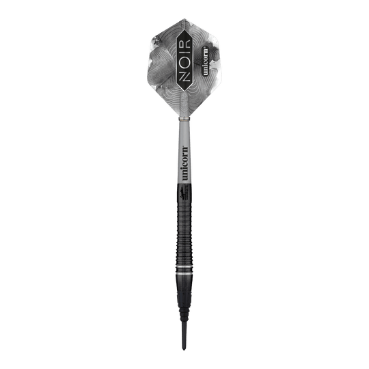 Campione del mondo Unicorn Gary Anderson Noir Fase 6 Soft Darts Das Bild zeigt einen Softdart aus der Produktreihe "Unicorn World Champion Gary Anderson Noir Phase 6". Der Dart hat ein schwarzes, elegantes Design mit der Aufschrift "Noir" und "Unicorn" auf dem Flight.