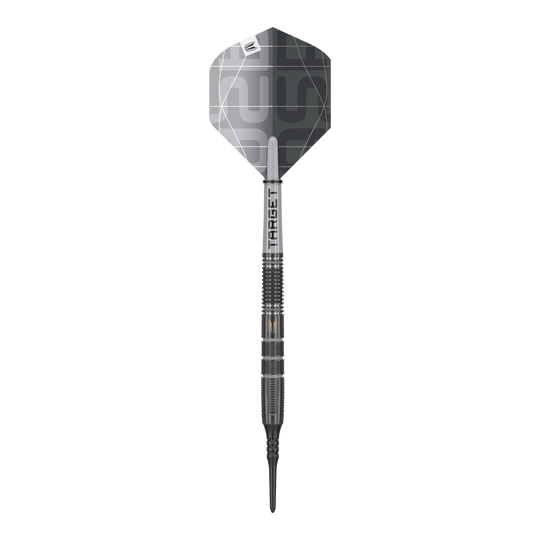 Freccette morbide Target Nathan Aspinall X Echo - 18 g Das Bild zeigt einen Target Nathan Aspinall X Echo Softdart mit einem Gewicht von 18g. Der Dartpfeil ist überwiegend in Silber und Schwarz gehalten und hat eine moderne, geometrische Flugfeder.