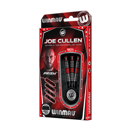 2451_Winmau_Joe_Cullen_Special_Edition_Softdarts_3 Die Abbildung zeigt eine Packung Winmau Joe Cullen Special Edition Softdarts. Die Verpackung ist rot-schwarz gestaltet und enthält drei Darts mit 90% Tungsten-Anteil.