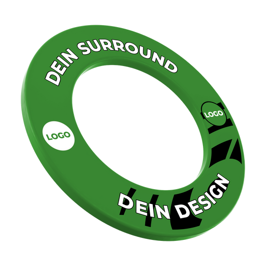 Hier ist ein grünes Dartboard-Surround mit Wunschdruck abgebildet. Es ist aus einer anderen Perspektive aufgenommen.