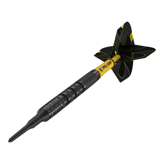 Target Bolide Void 10 freccette morbide Das Bild zeigt einen Target Bolide Void 10 Softdart. Der Softdart ist schwarz mit gelben Akzenten und hat eine strukturierte Griffzone.