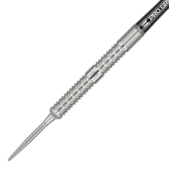 Freccette in acciaio Target Sebastian Bialecki GEN1 Swiss Point - 22 g Auf dem Bild ist ein steeldart mit silbernem, gerilltem Barrel und spitzem Metallkopf zu sehen. Es handelt sich um das Produkt "Target Sebastian Bialecki GEN1 Swiss Point Steeldarts - 22g".