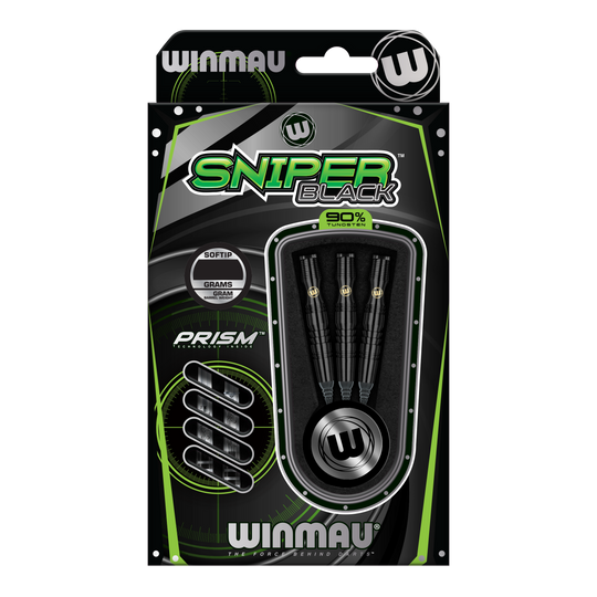 Freccette morbide Winmau Sniper Black - 20 g Die Abbildung zeigt die Winmau Sniper Black Softdarts mit einem Gewicht von 20g. Die Verpackung enthält drei schwarze Softdarts aus 90% Tungsten.