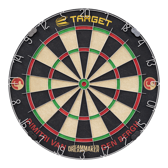 Set di bersagli in acciaio Target Dimitri Van Den Bergh Das Bild zeigt eine Steeldartscheibe mit dem Namen "Target Dimitri Van Den Bergh Steeldartboard Set". Am unteren Rand steht der Schriftzug "Dimitri Van Den Bergh" und in der Mitte unten "Dreammaker".