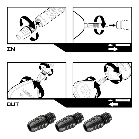 Convertitore Target Swiss Point 2BA - Nero Das Bild zeigt die Montage- und Demontageanleitung für den Target Swiss Point 2BA Converter - Schwarz. Unten im Bild sind drei der schwarzen Converter abgebildet.