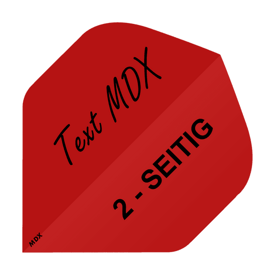 MD-407_2-Seitig_Bedruckte_Flights_Wunschtext_MDX_Rot_Standard_1 Das Bild zeigt ein rotes Quadrat mit schwarzem Text. Darauf steht „Text MDX“ und „2 - SEITIG“.