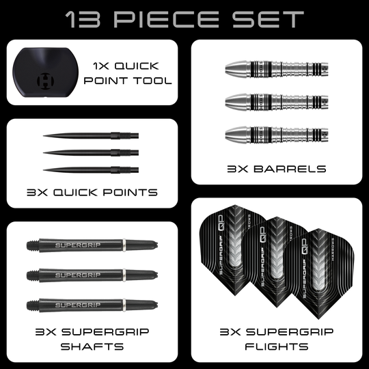 Freccette in acciaio Harrows Supergrip Bomb Quick Point Hier sind die Harrows Supergrip Bomb Quick Point Steeldarts zu sehen. Die Darts eignen sich hervorragend für präzises Spiel.
