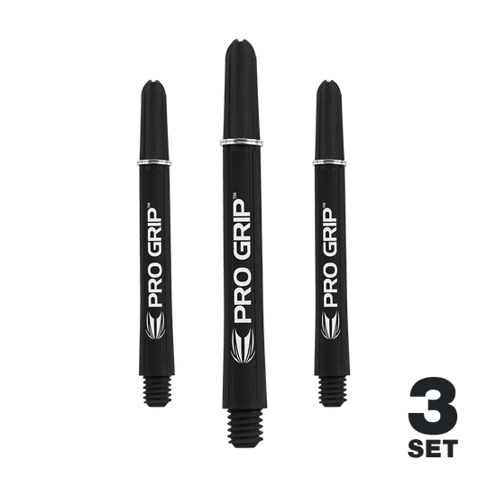 Target Pro Grip Shafts - 3 set - Nero Das Bild zeigt drei schwarze Dartschäfte der Marke "Pro Grip". In der rechten unteren Ecke steht "3 Set".