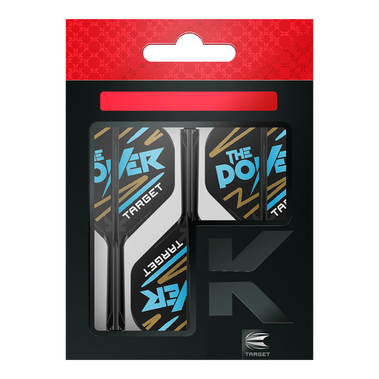 Sistema di alberi di volo standard Target K-Flex Phil Taylor No2 Das Bild zeigt eine Packung „Target K-Flex Phil Taylor No2 Standard Flights“. Die Flights sind überwiegend schwarz und weiß mit blauen und goldenen Akzenten und der Aufschrift „The Power“.